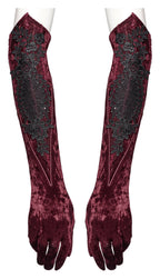 Punk Rave Selene Embroidered Velvet Gloves in Crimson