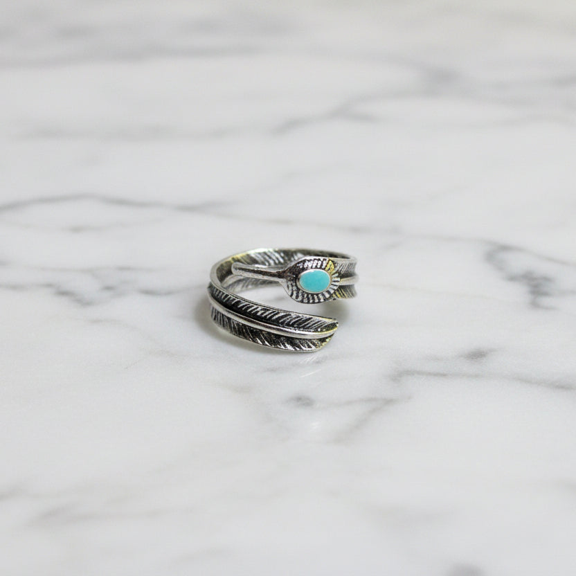 Adjustable Boho Tribal Feather Ring Green Silver Tone - Size S