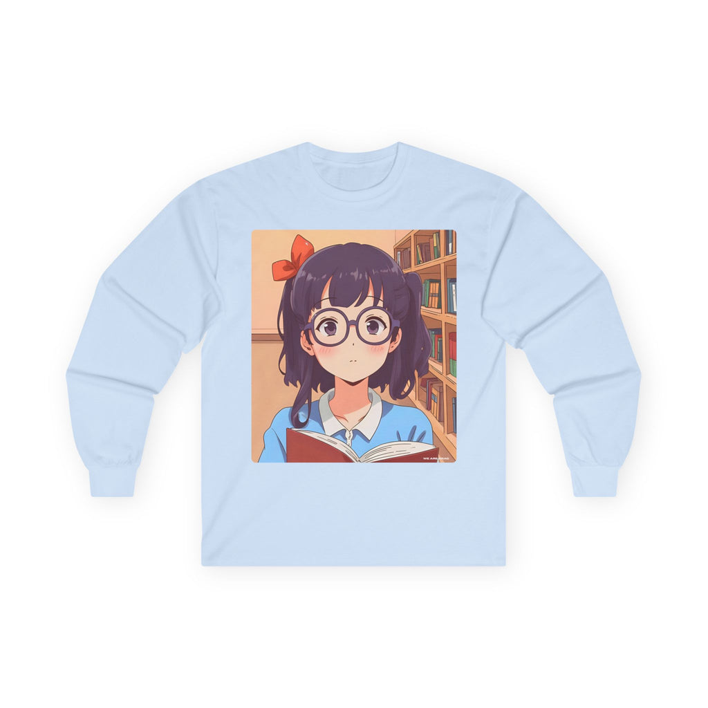 Geek Anime Girl Long Sleeve Tee 100% Cotton Retro Japanese Cartoon T-Shirt Gift Light Blue
