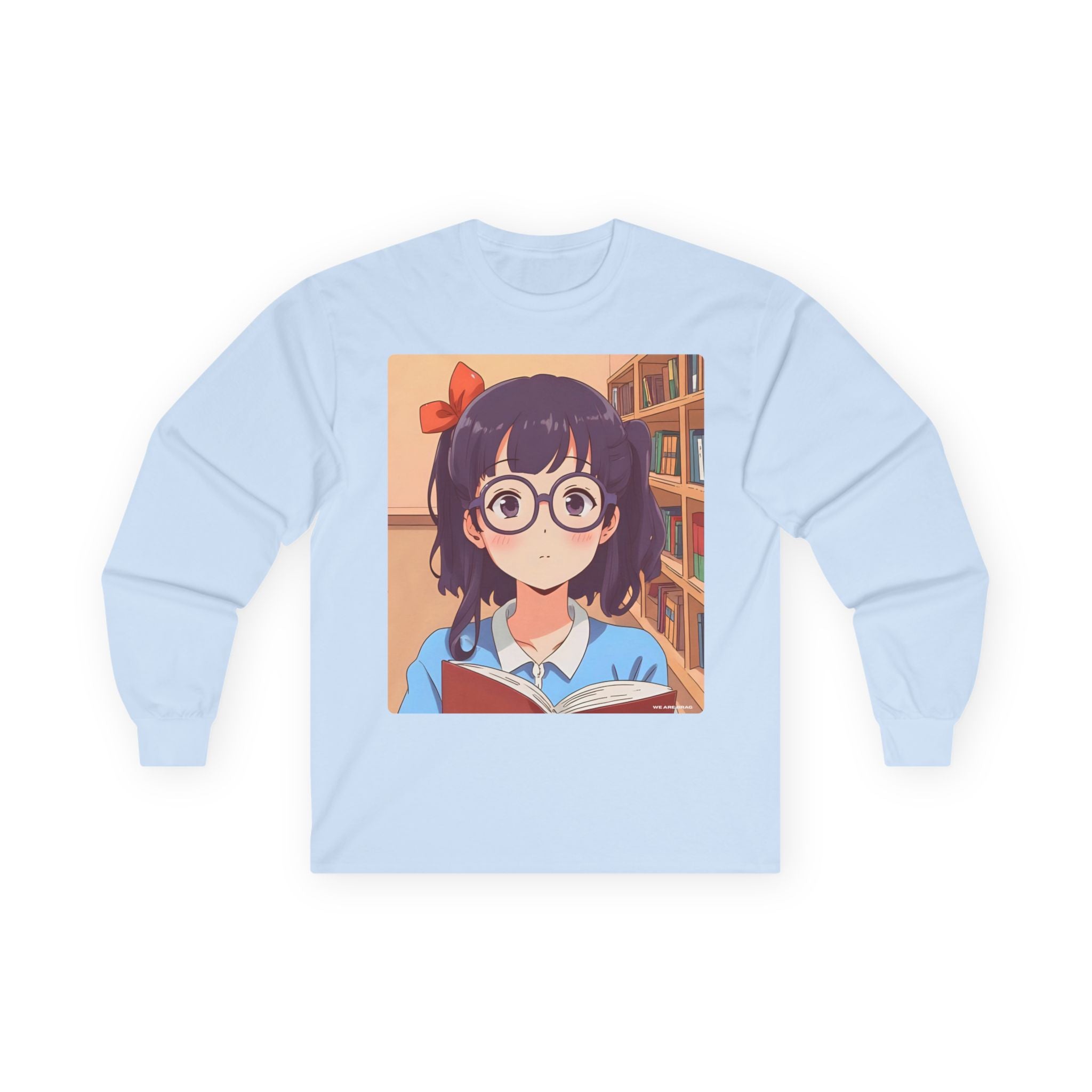 Geek Anime Girl Long Sleeve Tee 100% Cotton Retro Japanese Cartoon T-Shirt Gift Light Blue