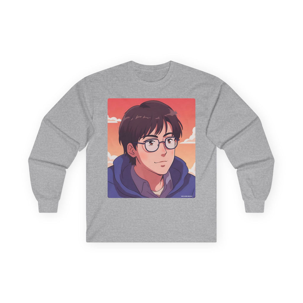 Geek Anime Boy Long Sleeve Tee 100% Cotton Retro Japanese Cartoon T-Shirt Gift Sport Grey