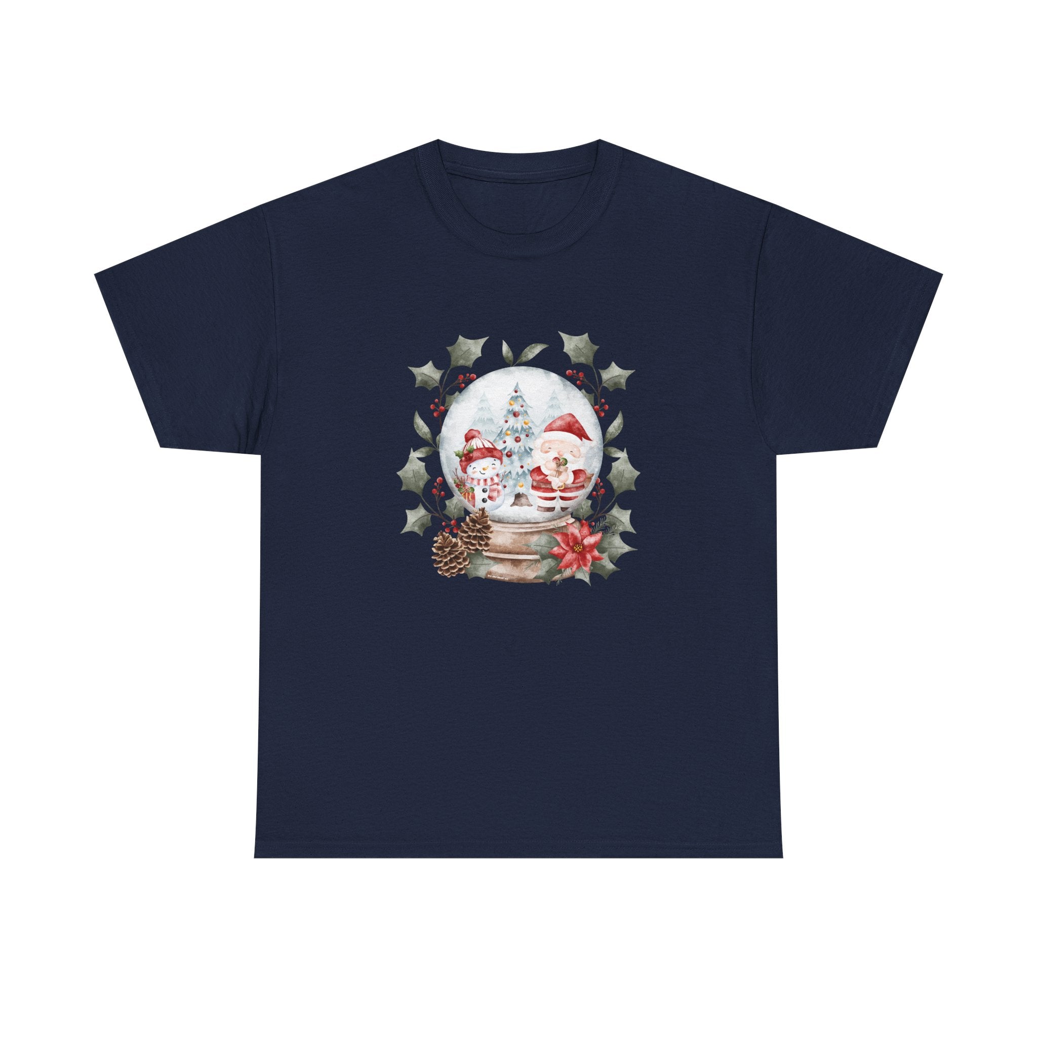 Christmas Snow Globe Printed T-Shirt 100% Cotton Novelty Santa Snowman Xmas Tee Gift Navy