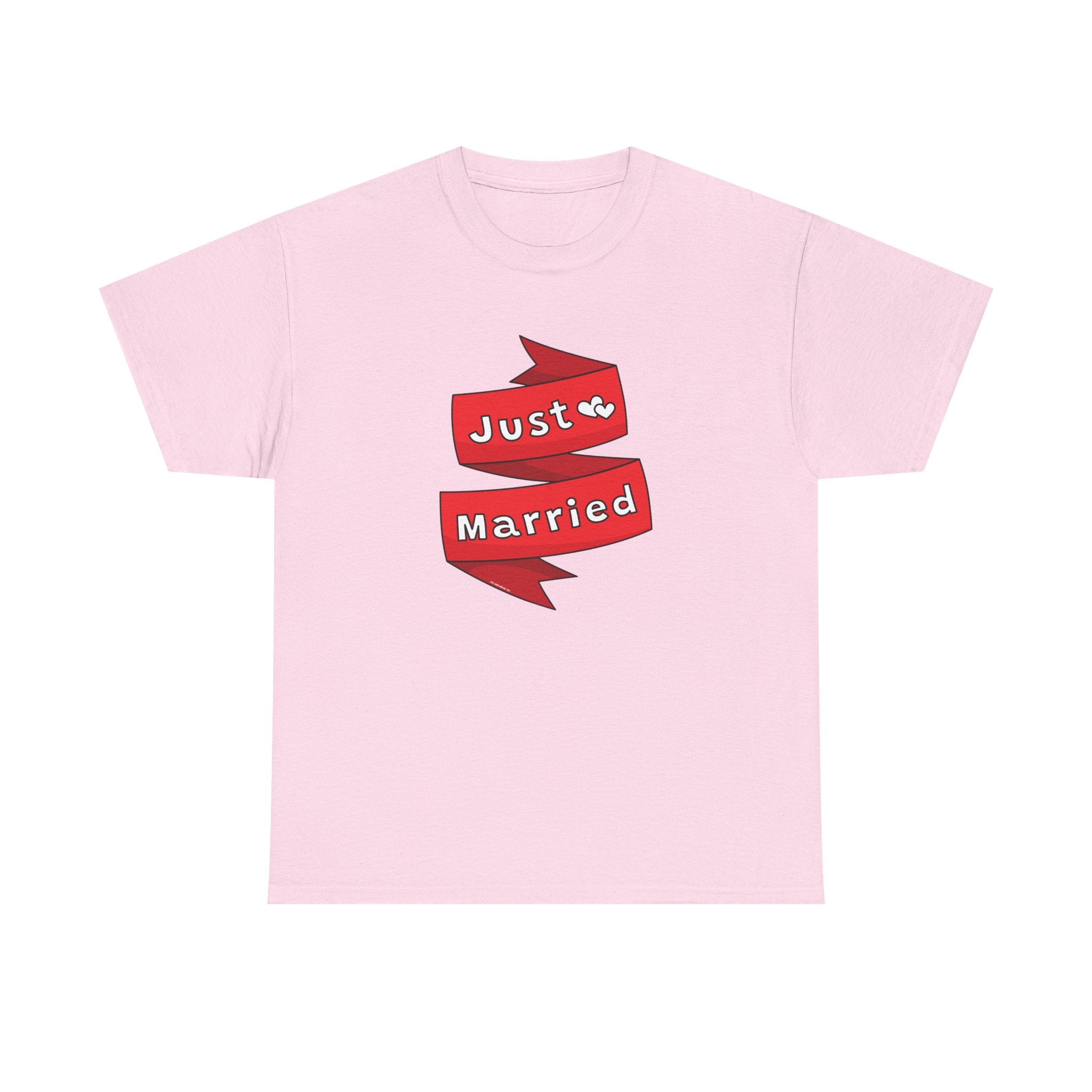 Just Married Red Ribbon Printed T-Shirt 100% Cotton Novelty Newly Wed Tee Gift Light Pink