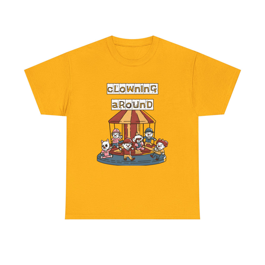 Clowning Around Novelty Printed T-Shirt 100% Cotton Weird Clown Merry Go Round Halloween Tee Gold