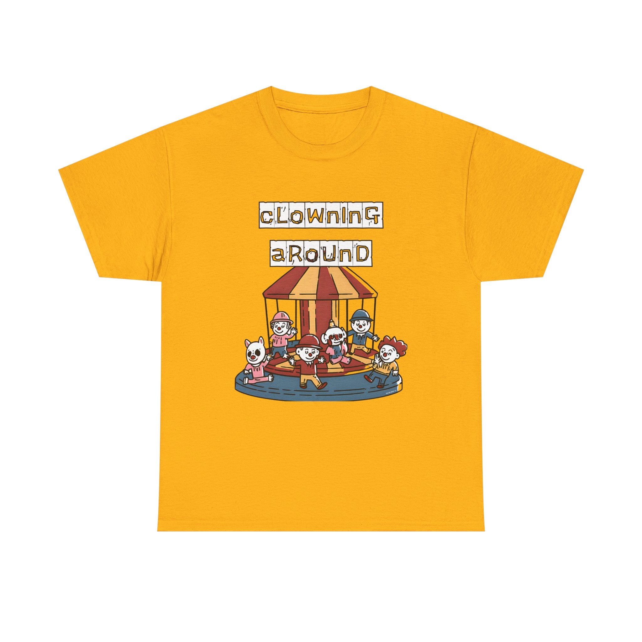 Clowning Around Novelty Printed T-Shirt 100% Cotton Weird Clown Merry Go Round Halloween Tee Gold