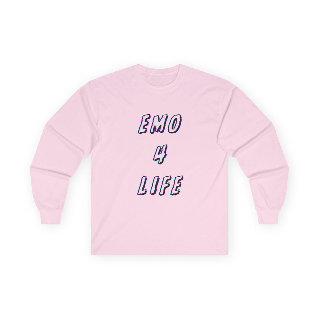 Emo 4 Life Long Sleeve Tee 100% Cotton Retro Glitch Quote T-Shirt Emo Goth Alternative Gift Light Pink