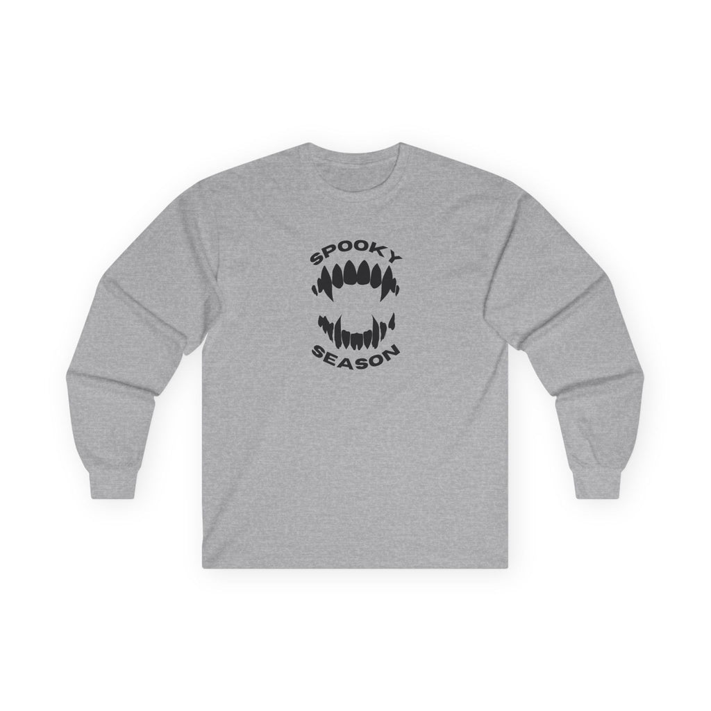 Spooky Season Long Sleeve Tee 100% Cotton Scary Vampire Teeth Halloween T-Shirt Gift Sport Grey