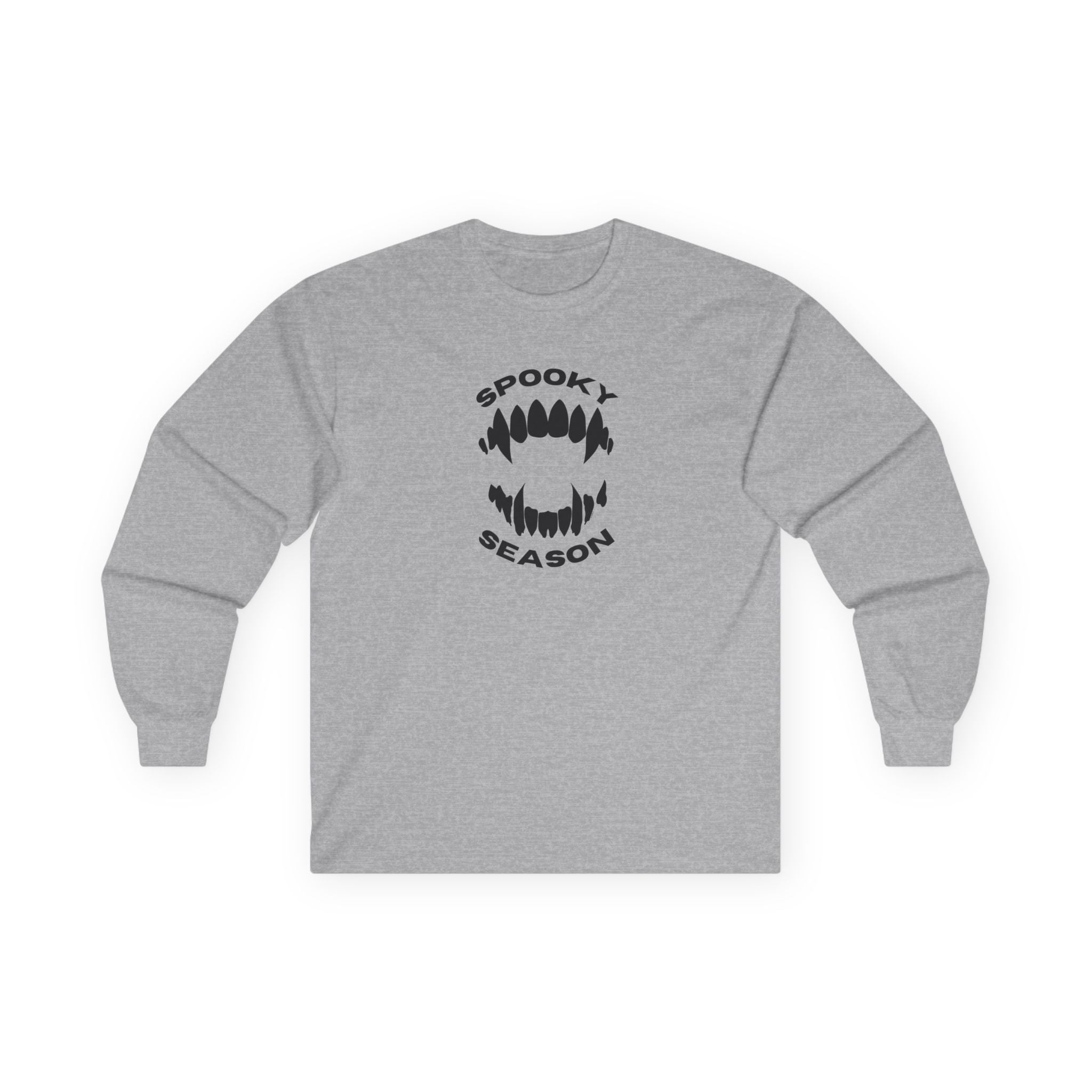 Spooky Season Long Sleeve Tee 100% Cotton Scary Vampire Teeth Halloween T-Shirt Gift Sport Grey
