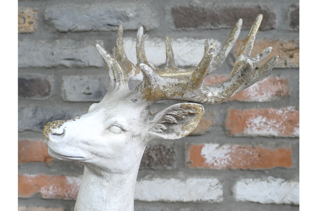Majestic Large Stag Deer Statue - White & Gold MGO Garden Ornament