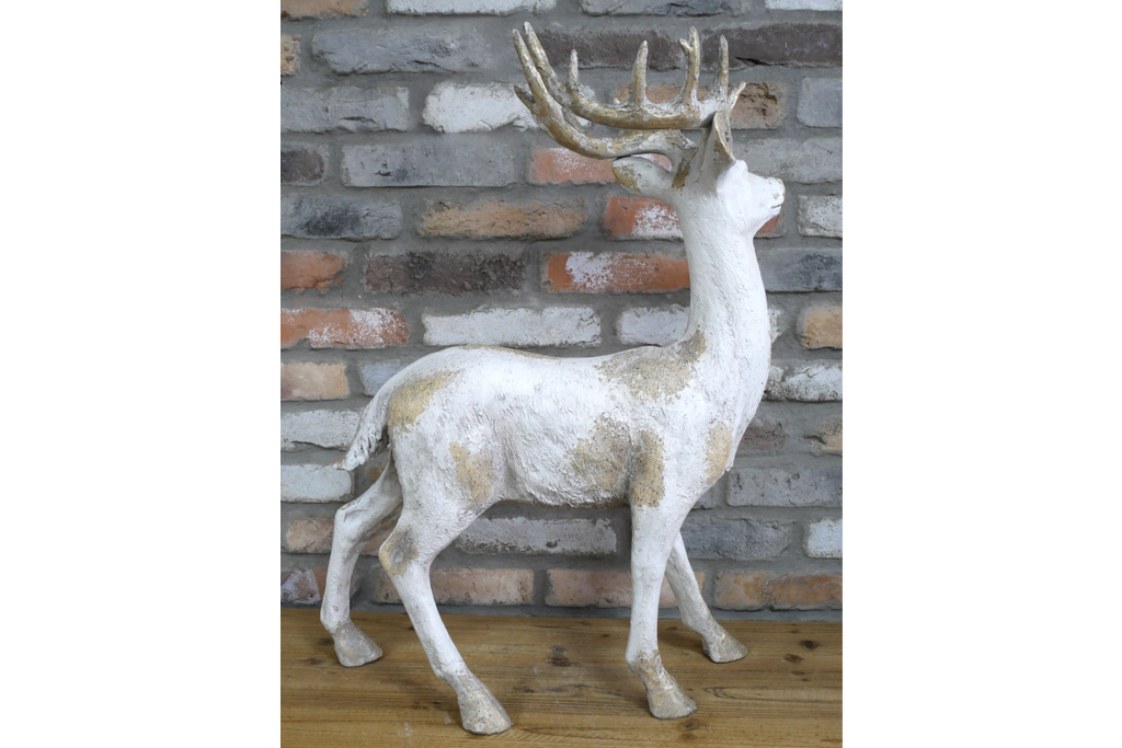 Majestic Large Stag Deer Statue - White & Gold MGO Garden Ornament