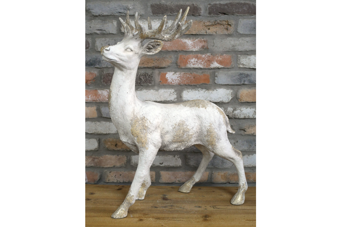 Majestic Large Stag Deer Statue - White & Gold MGO Garden Ornament
