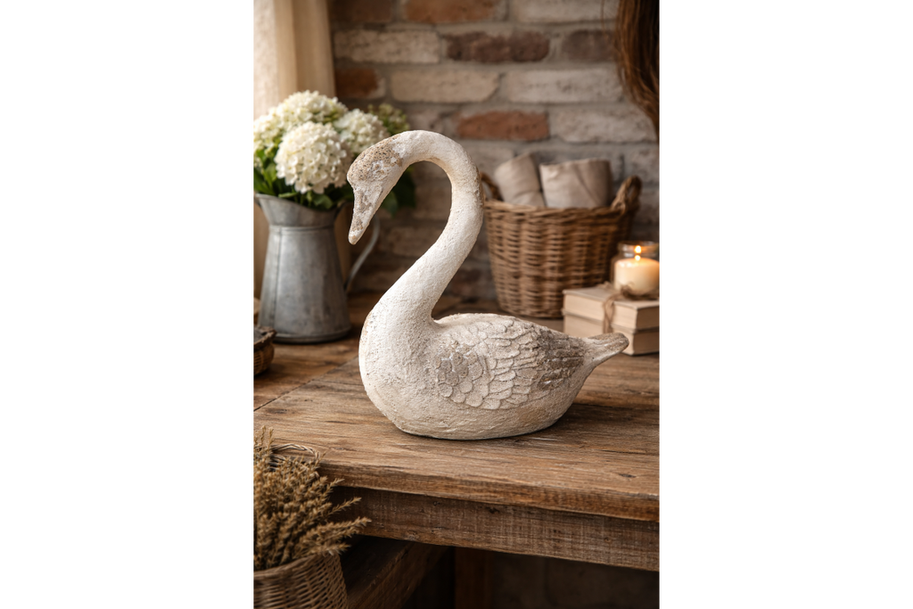 Elegant MGO Swan Garden Statue - Rustic White Shabby Chic Bird Ornament