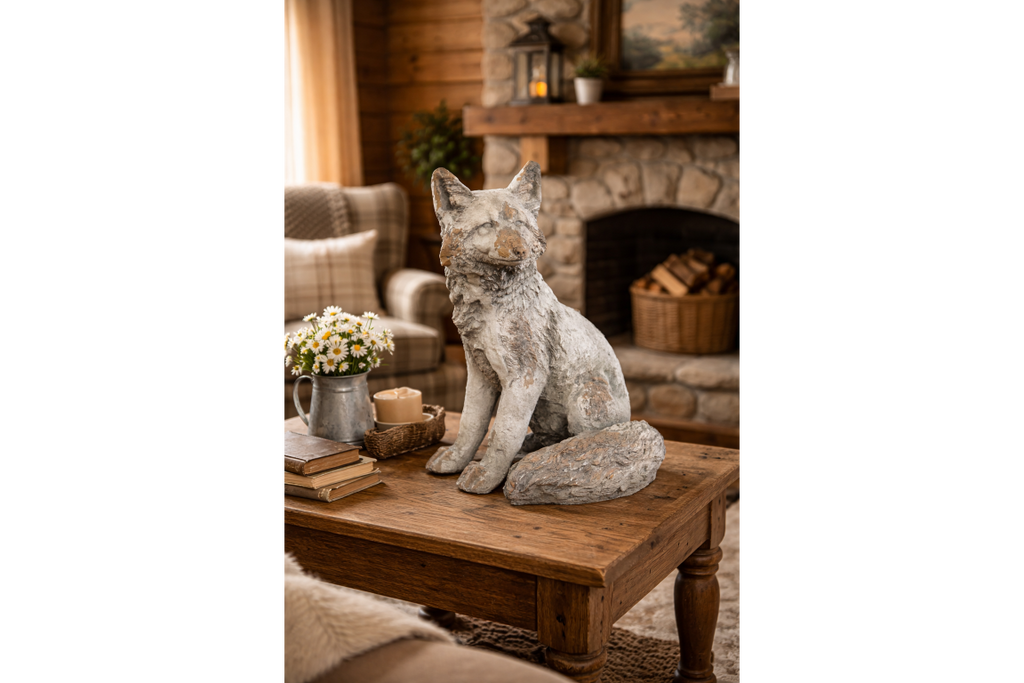 Rustic MGO Sitting Fox Statue - Antique White Shabby Chic Lawn Ornament