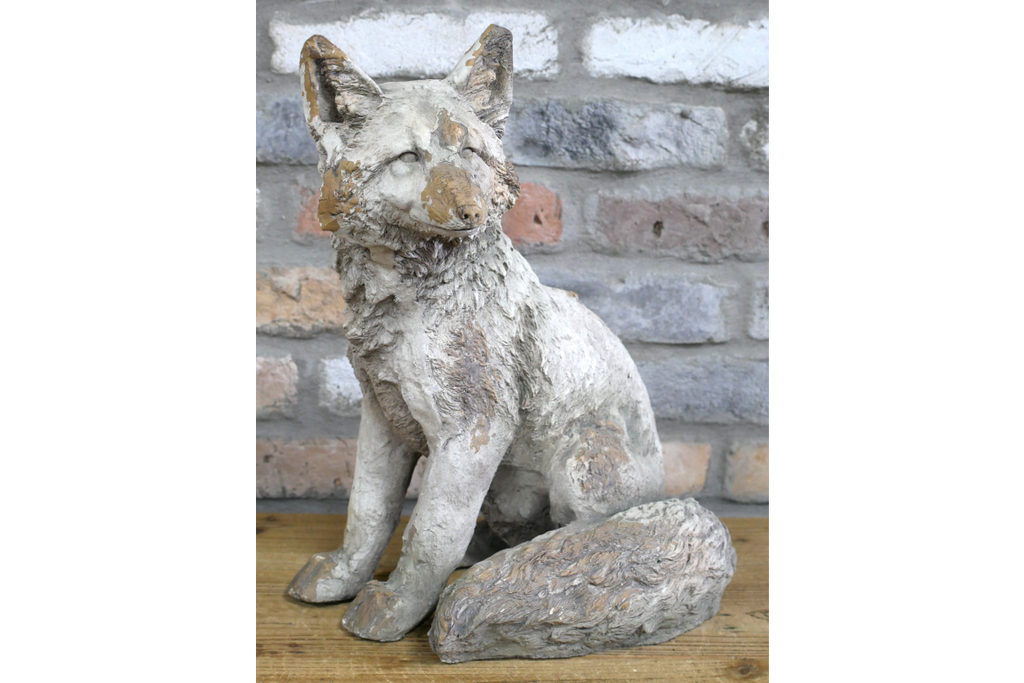 Rustic MGO Sitting Fox Statue - Antique White Shabby Chic Lawn Ornament