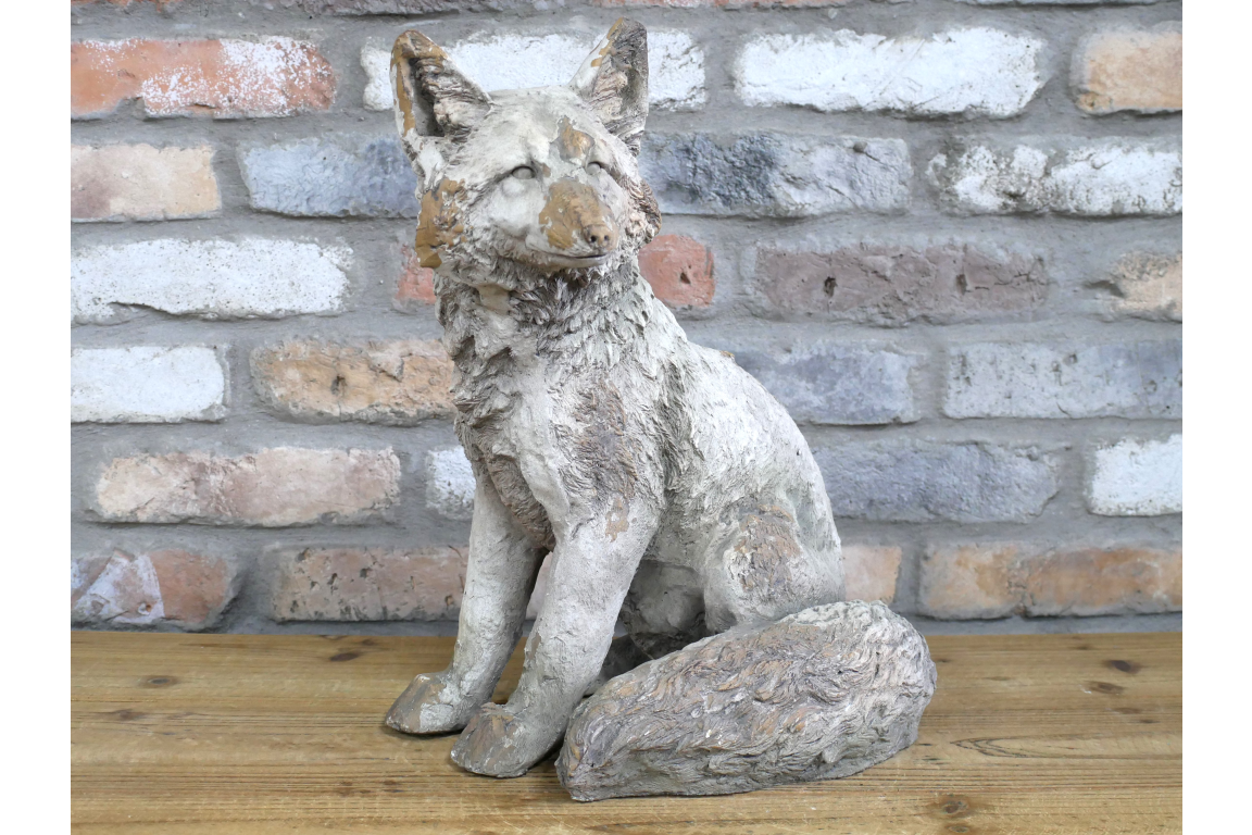 Rustic MGO Sitting Fox Statue - Antique White Shabby Chic Lawn Ornament