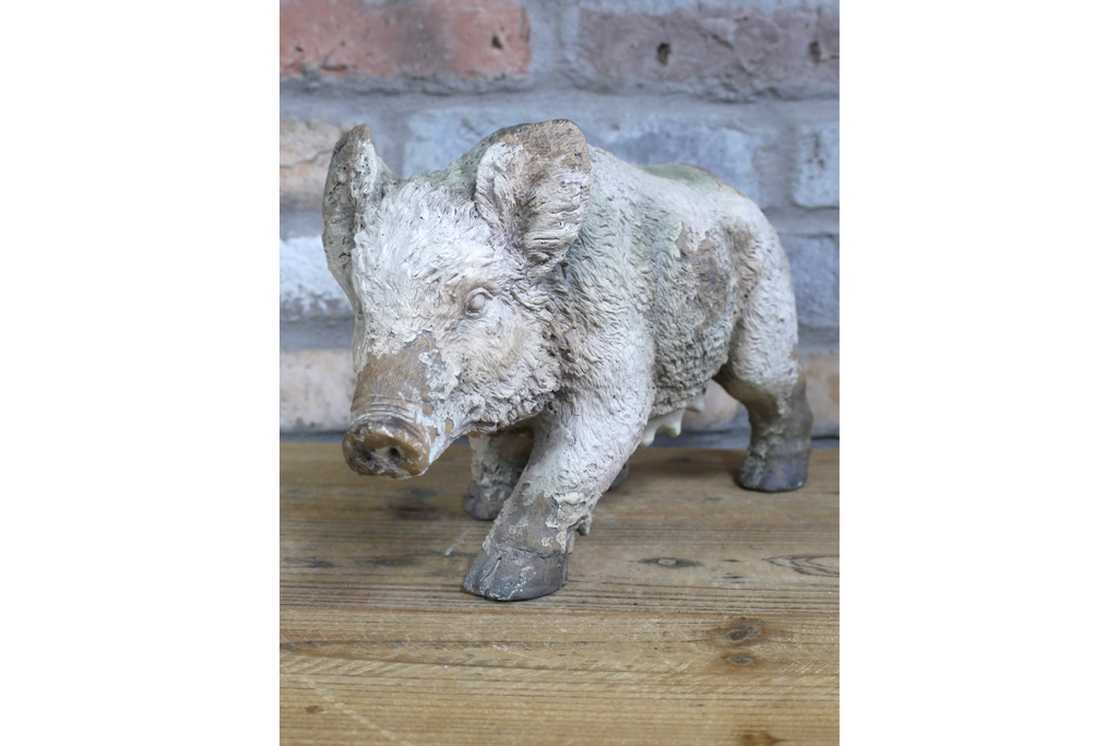 Rustic MGO Wild Boar Statue - Antique White Shabby Chic Pig Ornament
