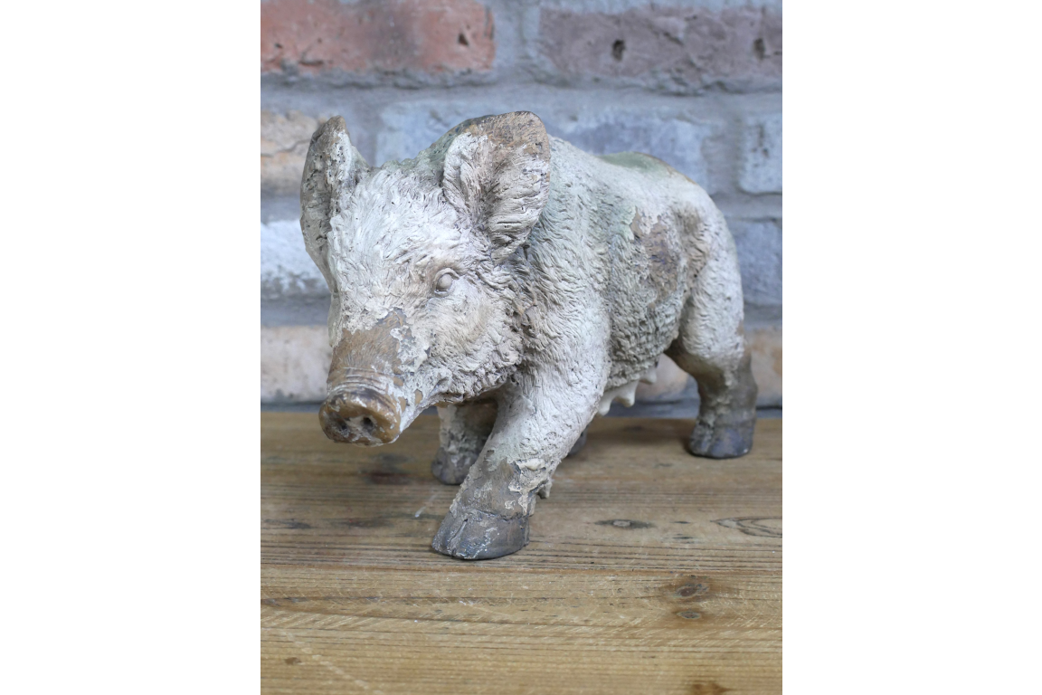 Rustic MGO Wild Boar Statue - Antique White Shabby Chic Pig Ornament