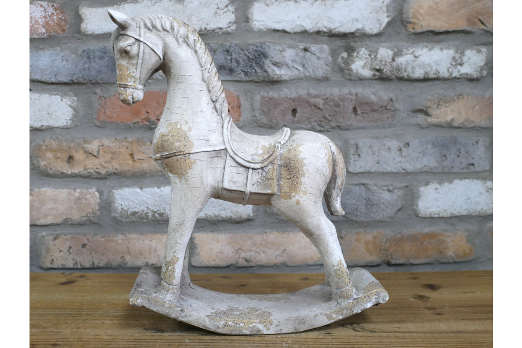 Rustic MGO Rocking Horse Sculpture - Antique White Shabby Chic Decor