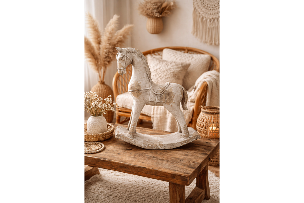 Rustic MGO Rocking Horse Sculpture - Antique White Shabby Chic Decor