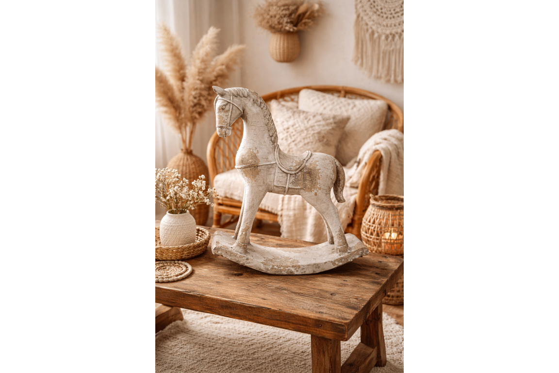 Rustic MGO Rocking Horse Sculpture - Antique White Shabby Chic Decor