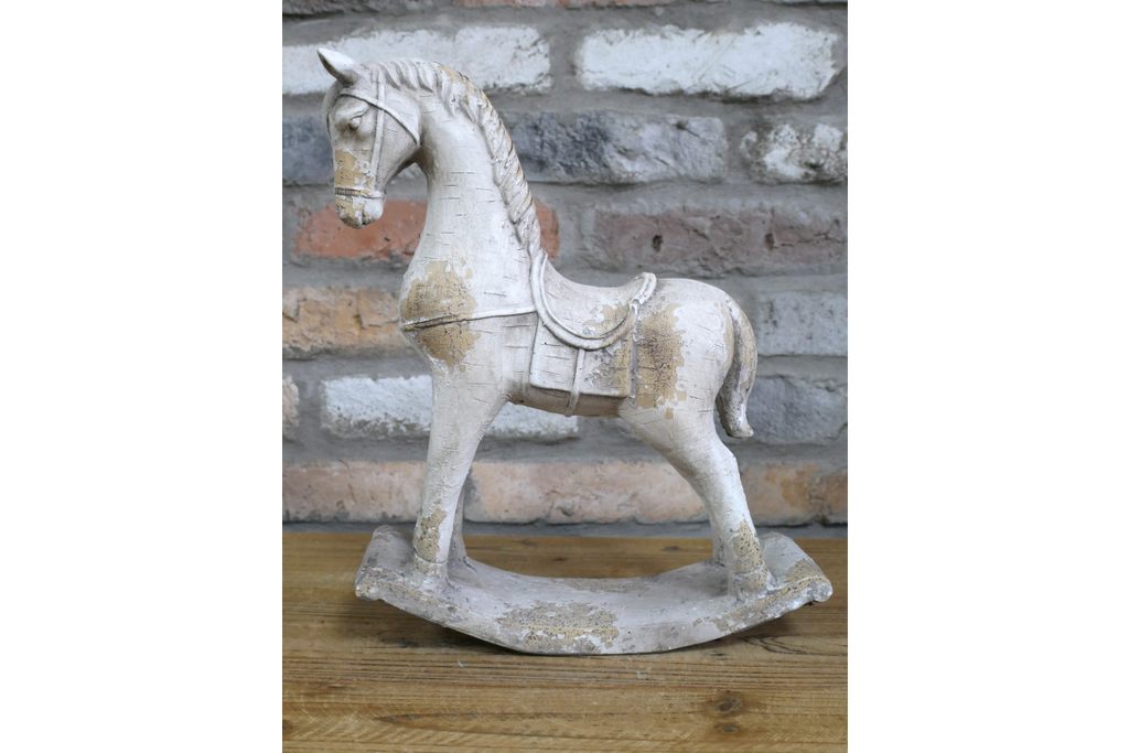 Rustic MGO Rocking Horse Sculpture - Antique White Shabby Chic Decor