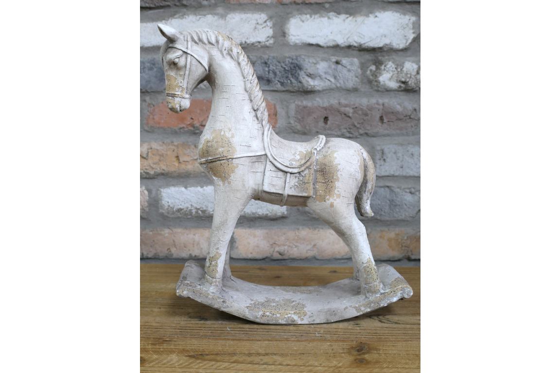 Rustic MGO Rocking Horse Sculpture - Antique White Shabby Chic Decor