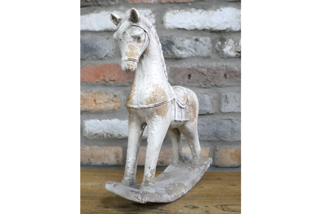 Rustic MGO Rocking Horse Sculpture - Antique White Shabby Chic Decor