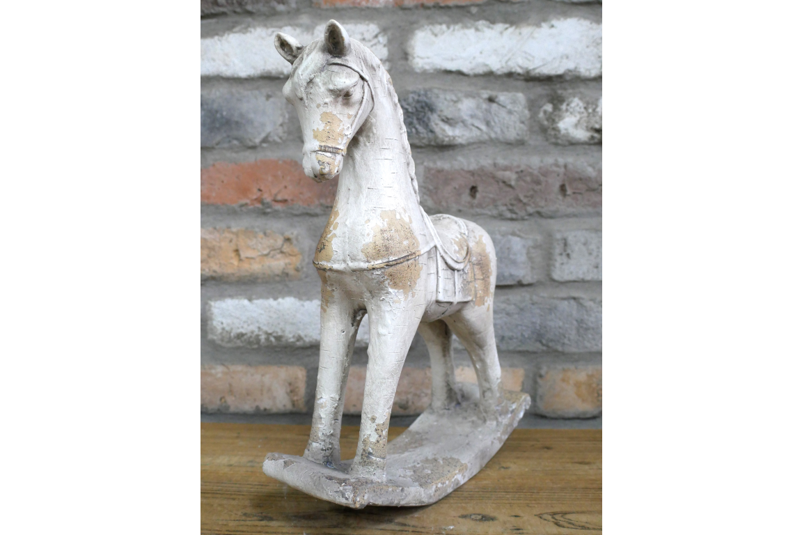 Rustic MGO Rocking Horse Sculpture - Antique White Shabby Chic Decor
