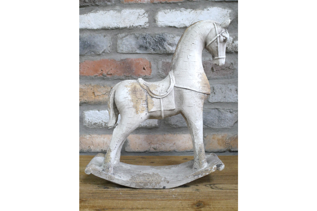 Rustic MGO Rocking Horse Sculpture - Antique White Shabby Chic Decor