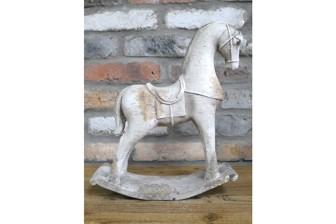 Rustic MGO Rocking Horse Sculpture - Antique White Shabby Chic Decor