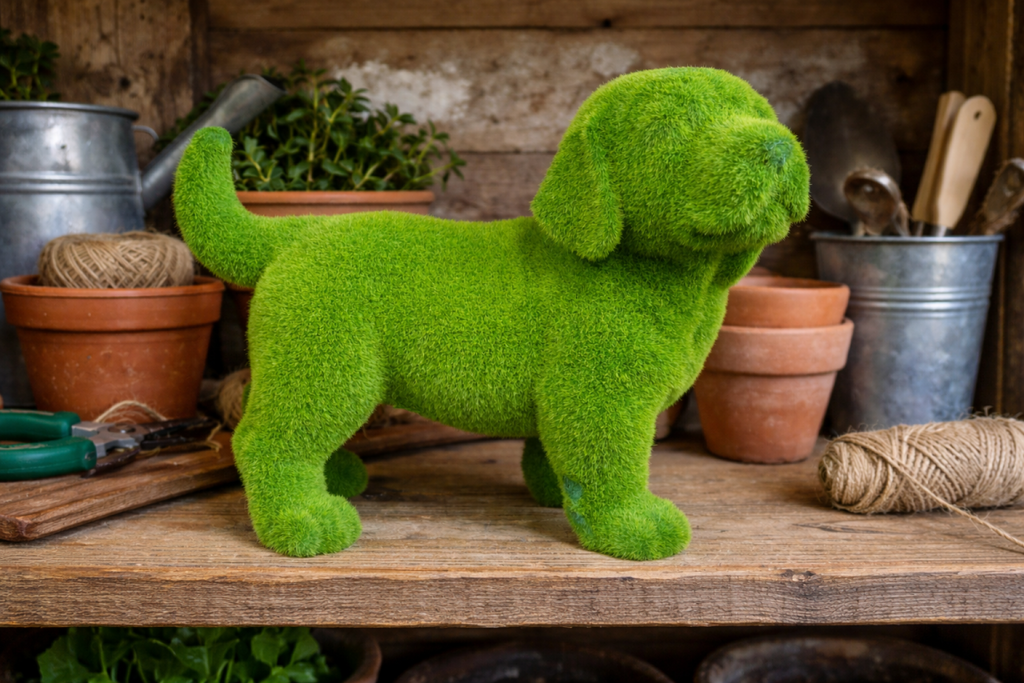Green Flocked Dog Garden Planter Novelty Moss Effect Puppy Flower Pot