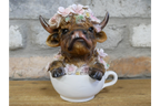 Cute Highland Cow in Teacup Ornament – Floral Resin Calf Figurine Home Decor