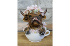 Cute Highland Cow in Teacup Ornament – Floral Resin Calf Figurine Home Decor