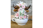 Cute Highland Cow in Teacup Ornament – Floral Resin Calf Figurine Home Decor