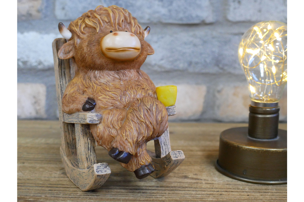 Cute Highland Cow in Rocking Chair Ornament – Resin Calf Figurine Home Decor