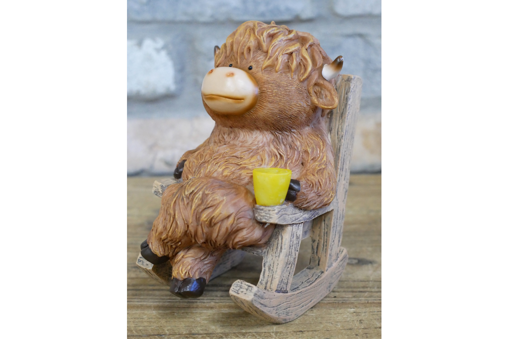 Cute Highland Cow in Rocking Chair Ornament – Resin Calf Figurine Home Decor