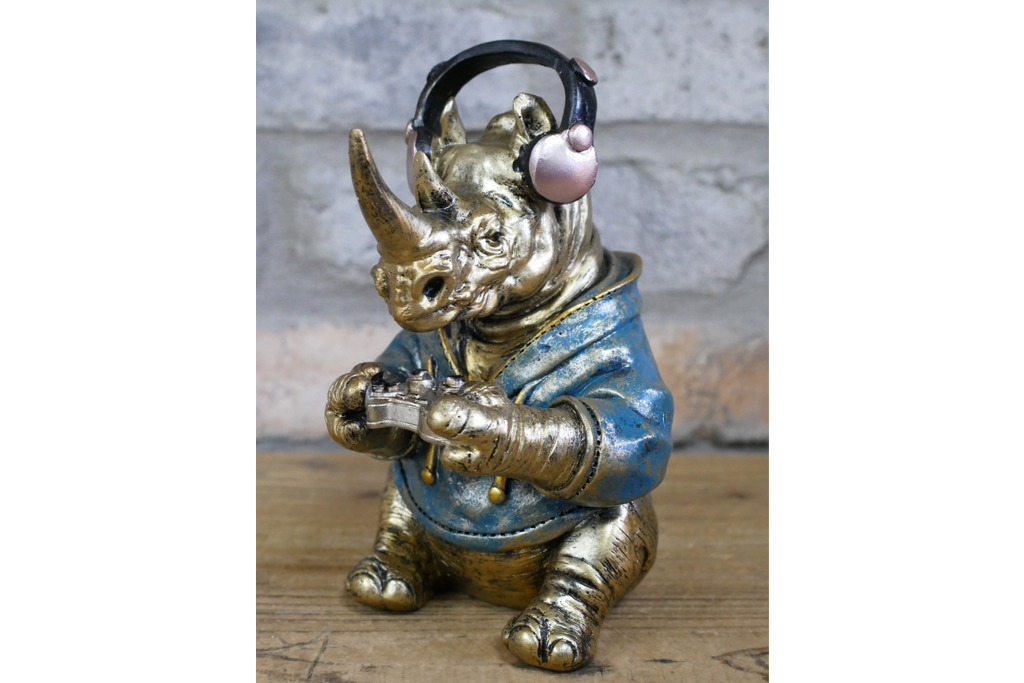 Gamer Rhino Resin Ornament Funny Gaming Rhinoceros Controller Figurine