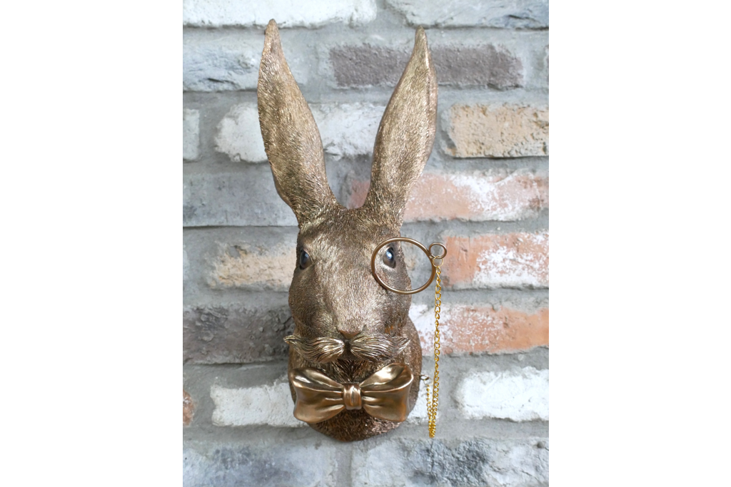 Gold Hare Wall Mount Monocle Bow Tie Rabbit Head Sculpture