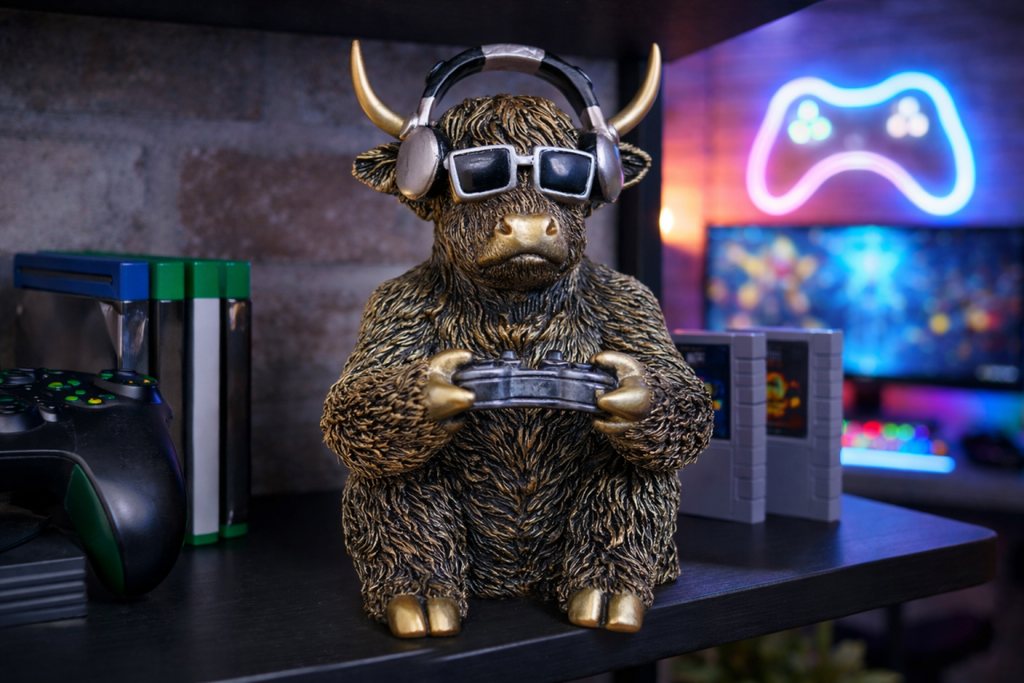 Gamer Highland Cow Resin Ornament Funny Gaming Calf Controller Figurine