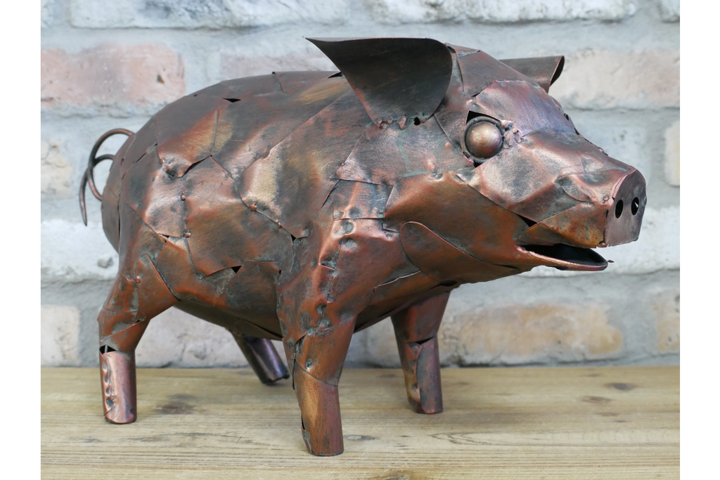 Metal Pig Sculpture - Rustic Copper Garden Ornament & Home Decor