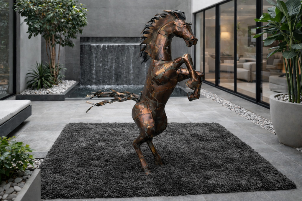 Large Rearing Horse Metal Garden Statue Rustic Bronze Stallion Sculpture
