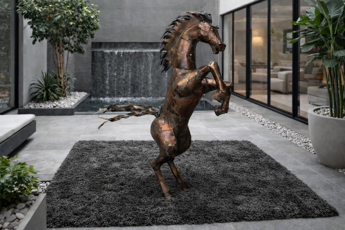 Large Rearing Horse Metal Garden Statue Rustic Bronze Stallion Sculpture