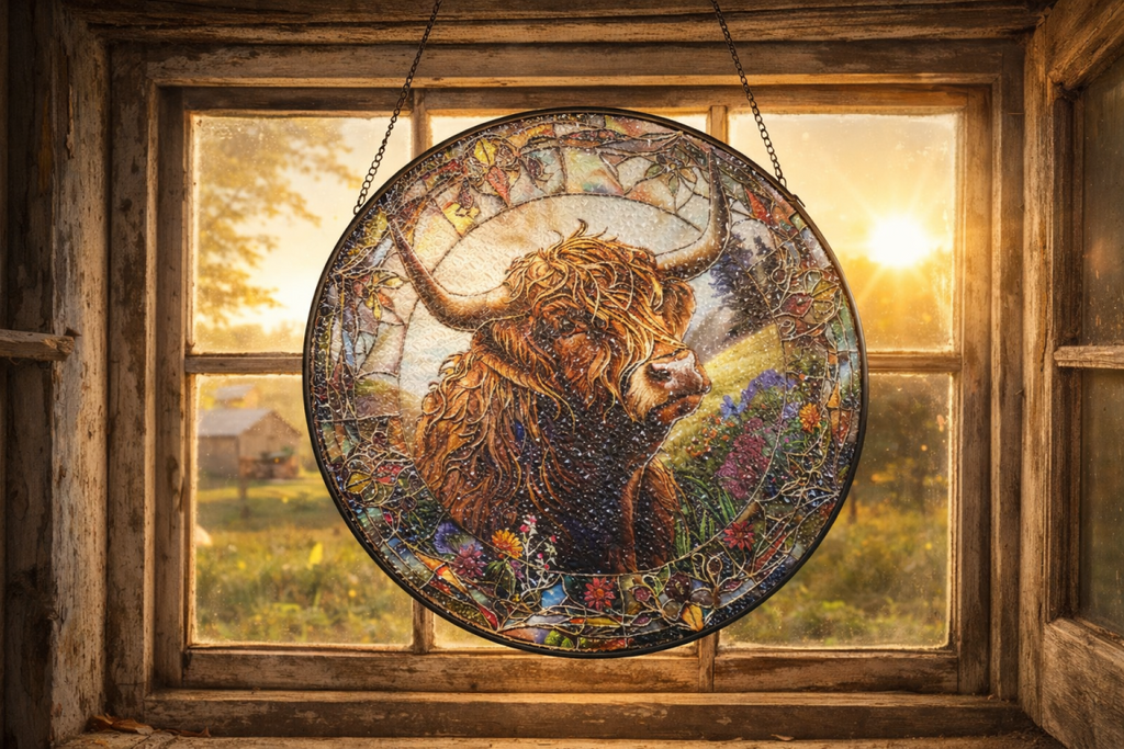 Highland Cow Stained Glass Suncatcher Hanging Window Panel Ornament