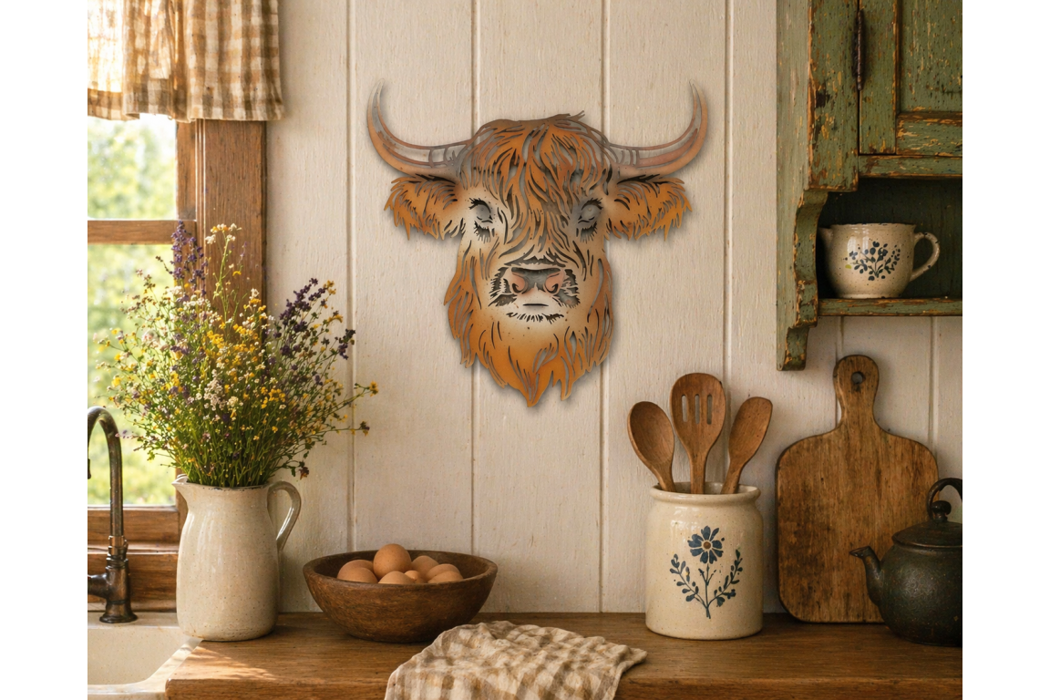 Rustic Metal Highland Cow Wall Art - Laser Cut Garden & Home Decor