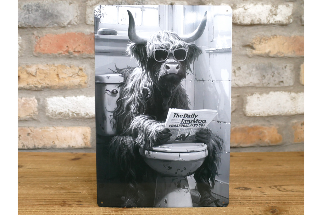 Highland Cow on Toilet Metal Sign - Quirky Bathroom Wall Art Print