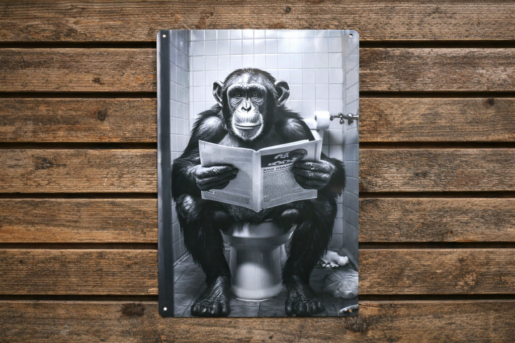 Chimpanzee on Toilet Metal Sign - Quirky Bathroom Wall Art Plaque