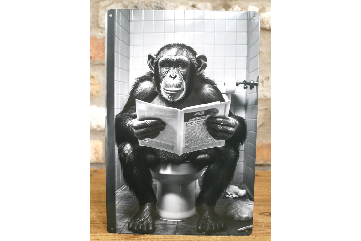 Chimpanzee on Toilet Metal Sign - Quirky Bathroom Wall Art Plaque