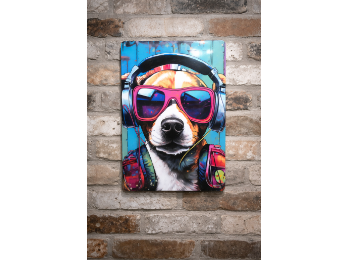 DJ Dog Street Art Metal Sign - Vibrant Graffiti Canine Wall Art Plaque