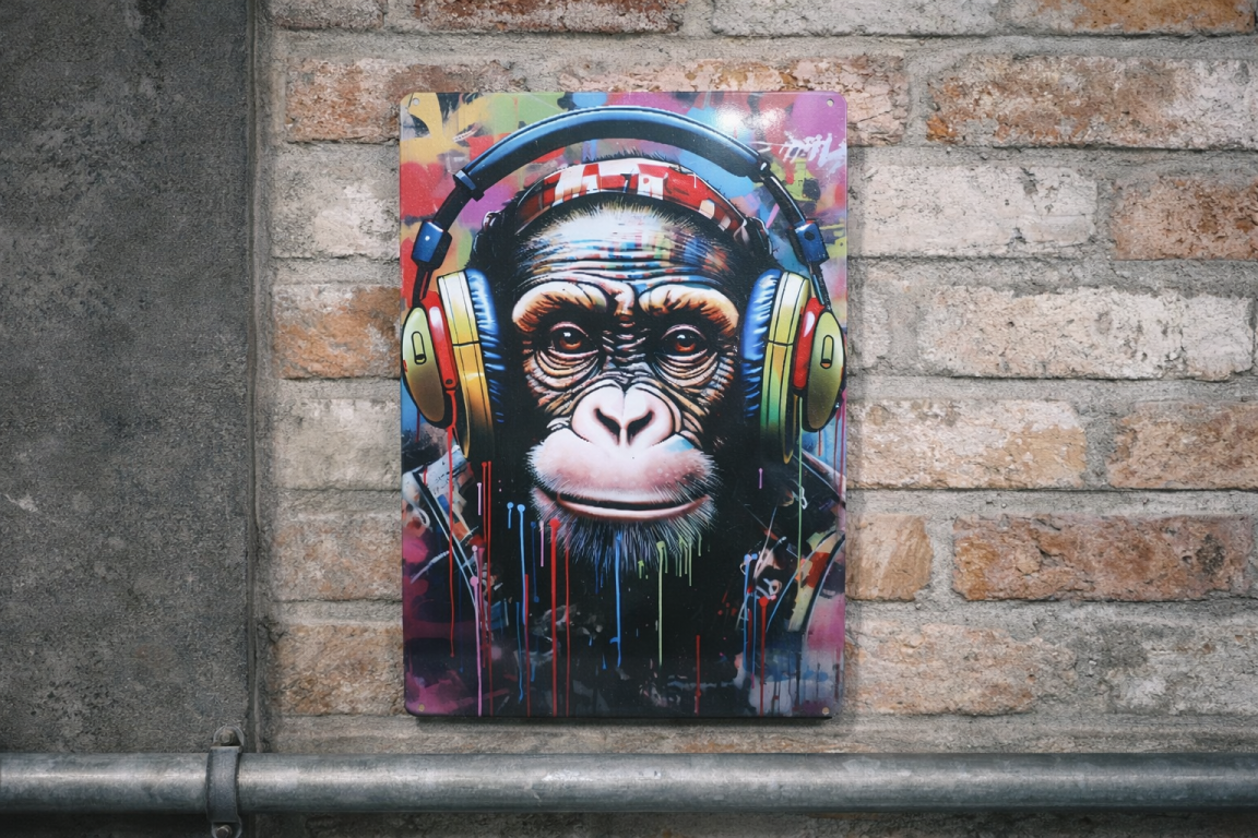 DJ Chimp Street Art Metal Sign - Vibrant Graffiti Monkey Wall Art Plaque