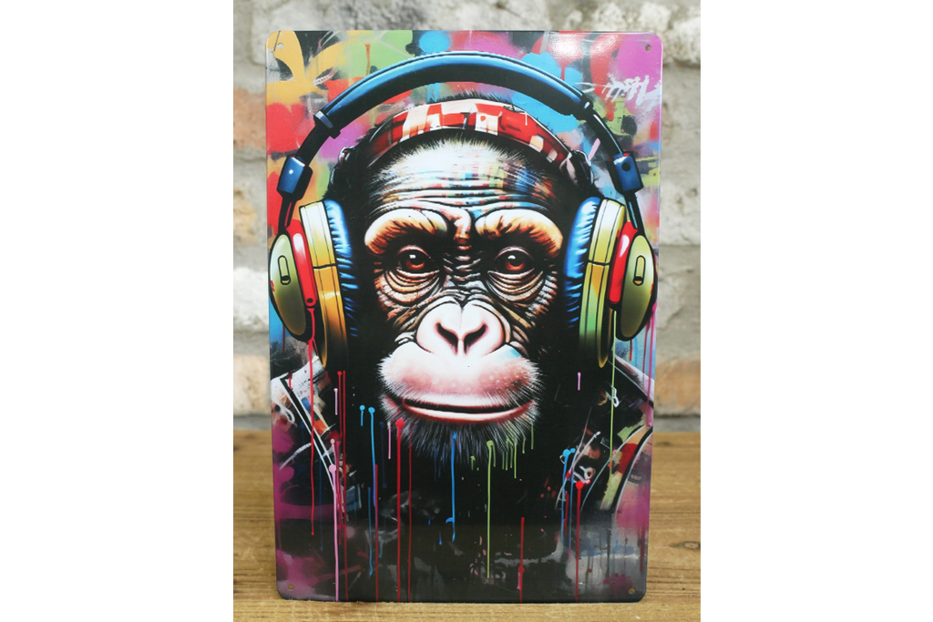 DJ Chimp Street Art Metal Sign - Vibrant Graffiti Monkey Wall Art Plaque